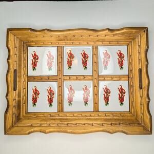 Vintage MCM large wood carved serving tray ceramic tile chili pepper 14" x 19"